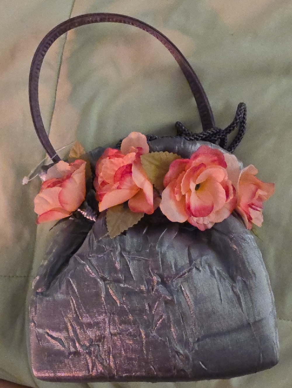 Valerie Stevens Floral Silver Evening Handbag - Elegant Pink Rose Detail! New!